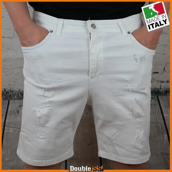Pantaloncini da Uomo in Cotone Shorts Bermuda Sportivi corti Bianco Strappati