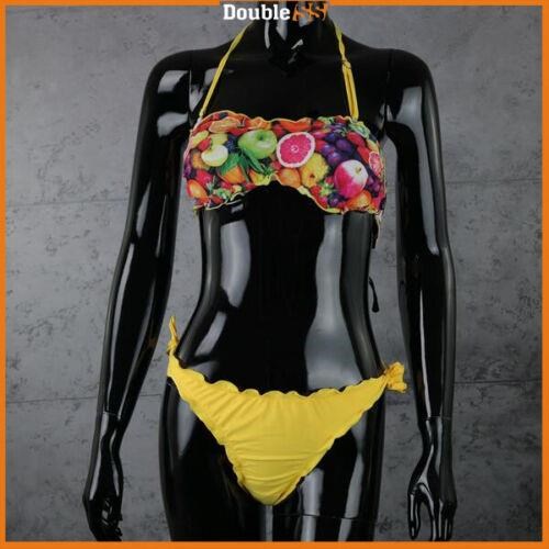 Costume da bagno DONNA Giallo FLUO due pezzi Bikini fantasia FRUTTA a fascia Mare