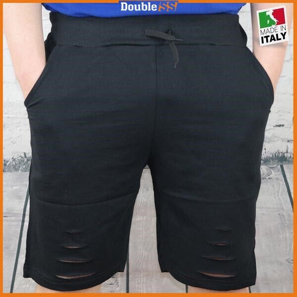 Pantaloncini da Uomo in Cotone Shorts Bermuda Sportivi corti Nero con Strappi
