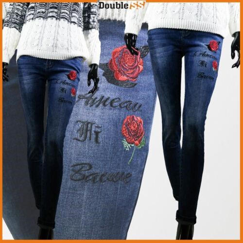 Jeans da Donna fantasia Fiori Rose Eleganti Estivi Denim Pantaloni a vita bassa