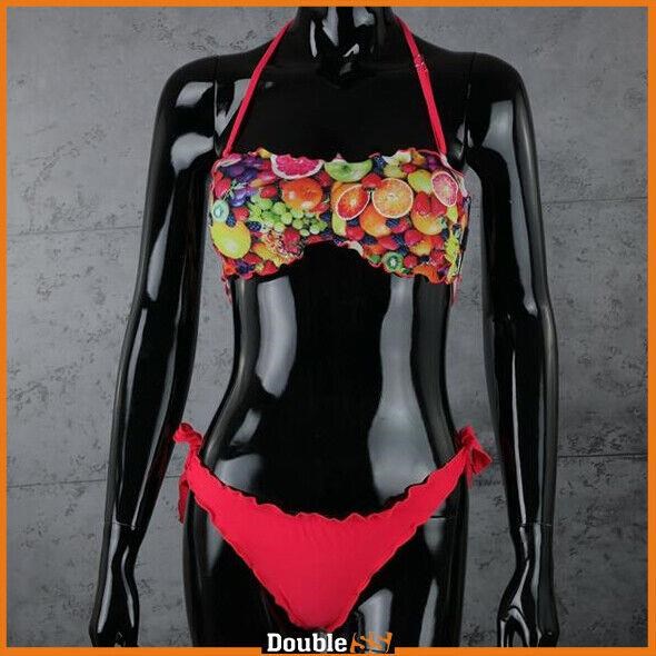 Costume da bagno DONNA Rosa FLUO due pezzi Bikini fantasia FRUTTA a fascia Mare