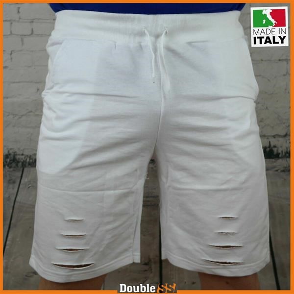Pantaloncini da Uomo in Cotone Shorts Bermuda Sportivi corti Bianco con strappi