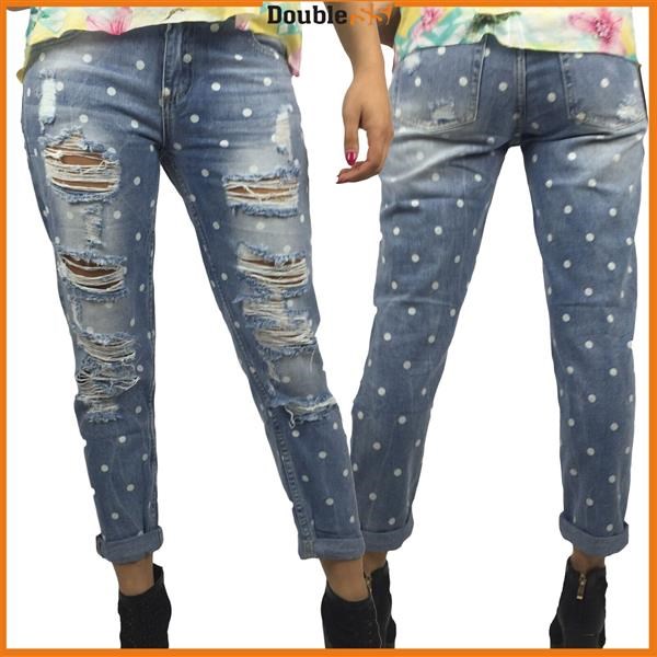 Pantaloni Jeans da Donna a pois 100% Cotone Strappati XS Stile Vintage fashion